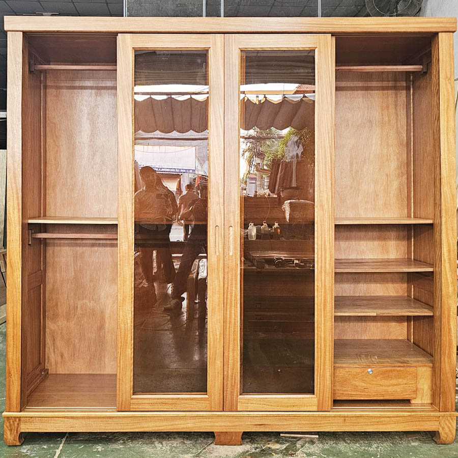 Tủ Quần Áo Cửa Lùa Cánh Kính Gỗ Gõ Đỏ