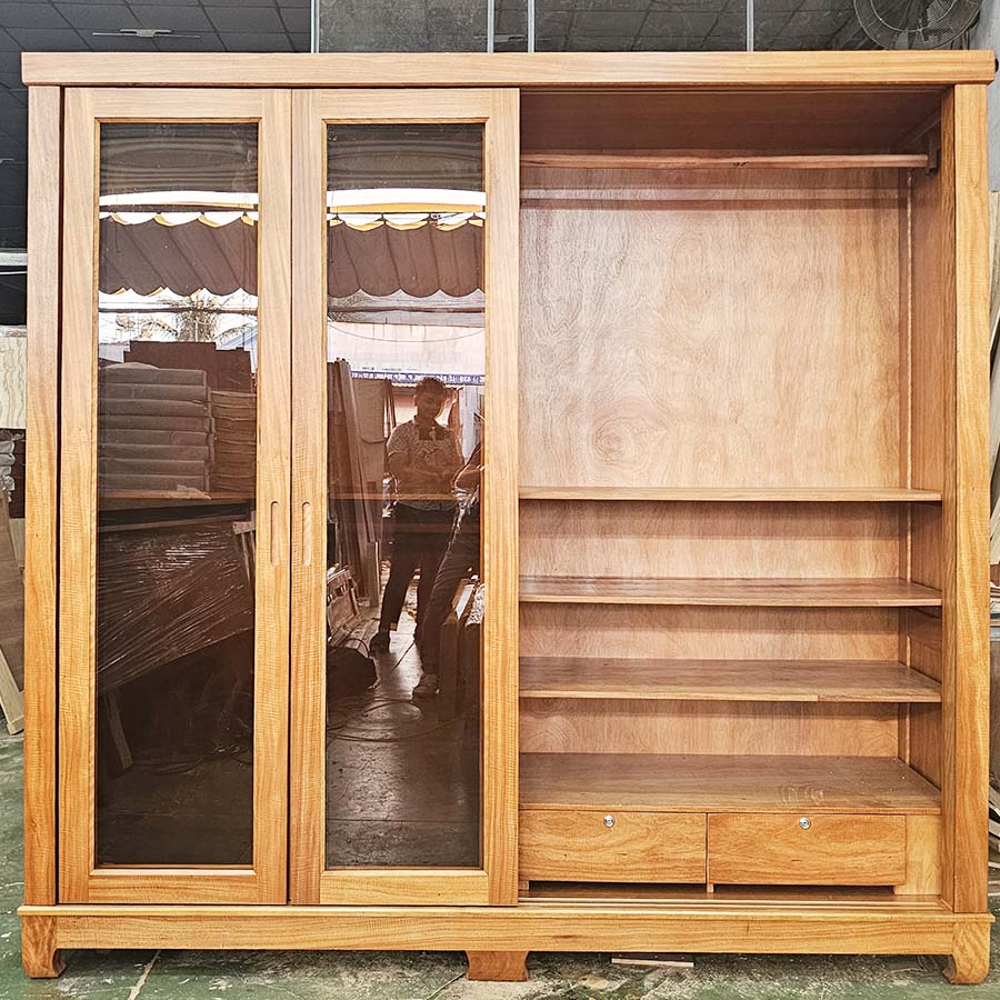 Tủ Quần Áo Cửa Lùa Cánh Kính Gỗ Gõ Đỏ